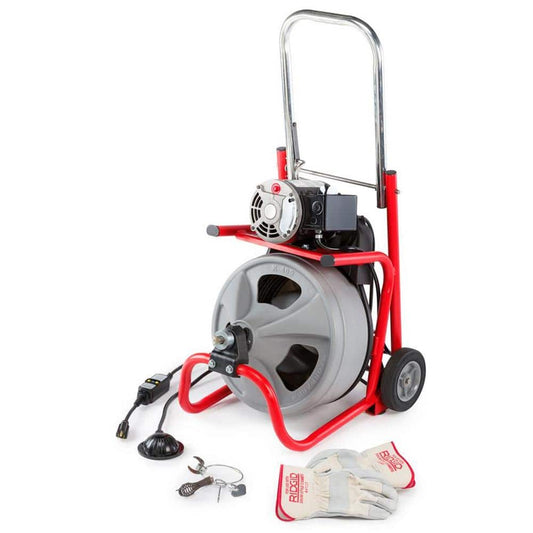 120V Drum Drain Cleaning Snake Auger With 3/8-In. X 75-Ft. Cable, 4-Piece Tool Set And Gloves