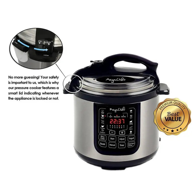MegaChef 8 Qt Stainless Steel Electric Pressure Cooker With Digital Presets And Slow Cook Function